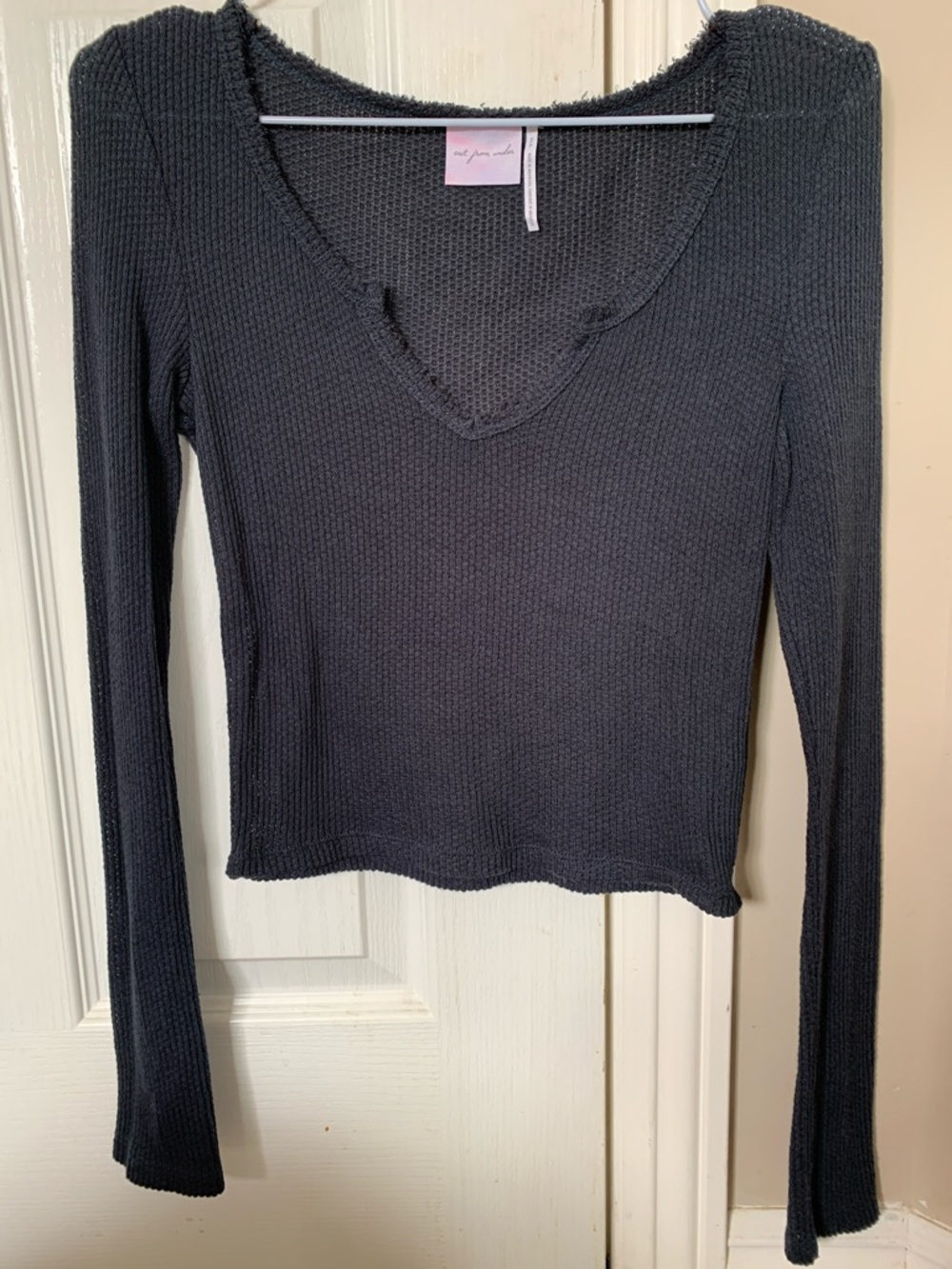 Urban Outfitters Black Ribbed V-Neck Long Sleeve Top